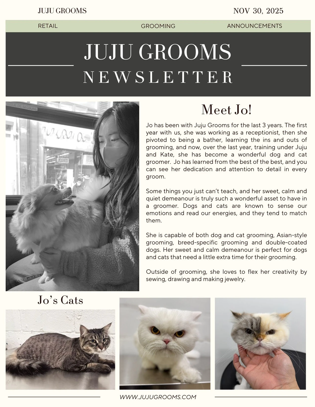 Meet Jo our dog and cat groomer. Jo is kind, calm, and quiet and the perfect groomer for a pet that reads energies.